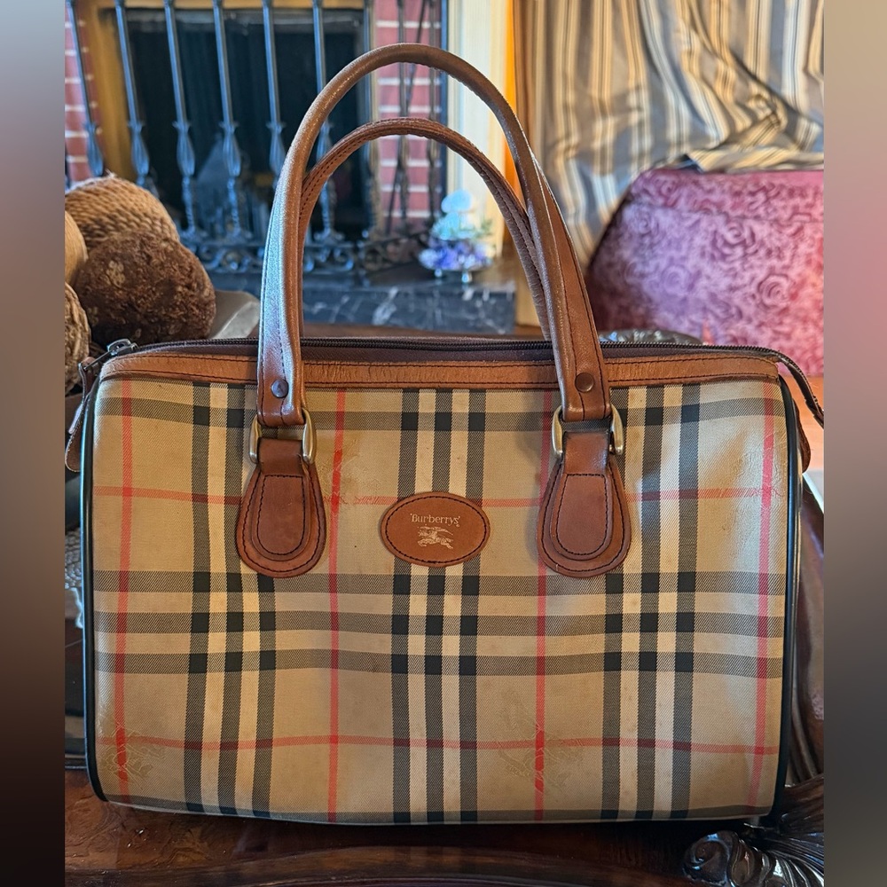 Burberry’s vintage  Tan Plaid  Bag with Brown Leather Trim